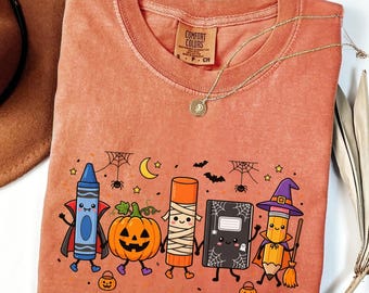 Comfort Colors Halloween Teacher Shirt, Cute Crayon Halloween Long Sleeve Tee, Spooky Classroom Shirt, Teacher Halloween Gift,Trick or Treat