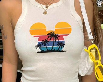 Retro Sunset Mouse Tank Top, Tropical Palm Tree Racer, Disney Family Trip Shirt, Summer Vacation Gift, Magical Mouse Ear Beach Top, Y2K