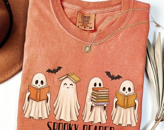 Spooky Reader Halloween Ghost Shirt, Comfort Colors® Long Sleeve Bookish Ghost Reader Tee, Halloween Teacher Librarian Book Lover Fall Gift