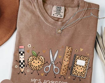 Custom Teacher Shirt, Comfort Colors®  Personalized School Supplies Tee, Leopard Print Teacher Long Sleeve Top, Back To School Teacher Gift
