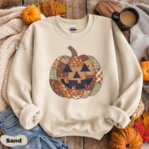 Faux Patchwork Jack O Lantern Sweatshirt, Vintage Autumn Pumpkin Hoodie,  Spooky Season Sweater, Women’s Fall Thanksgiving Outfit