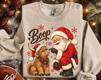 Boop Highland Cow Santa Christmas Shirt, Santa Booping Cow Sweatshirt Cute Holiday Crewneck Sweater Gift