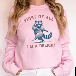 A light pink sweatshirt with the text "FIRST OF ALL I'M A DELIGHT" and a dancing raccoon graphic. The raccoon is in shades of blue and gray.