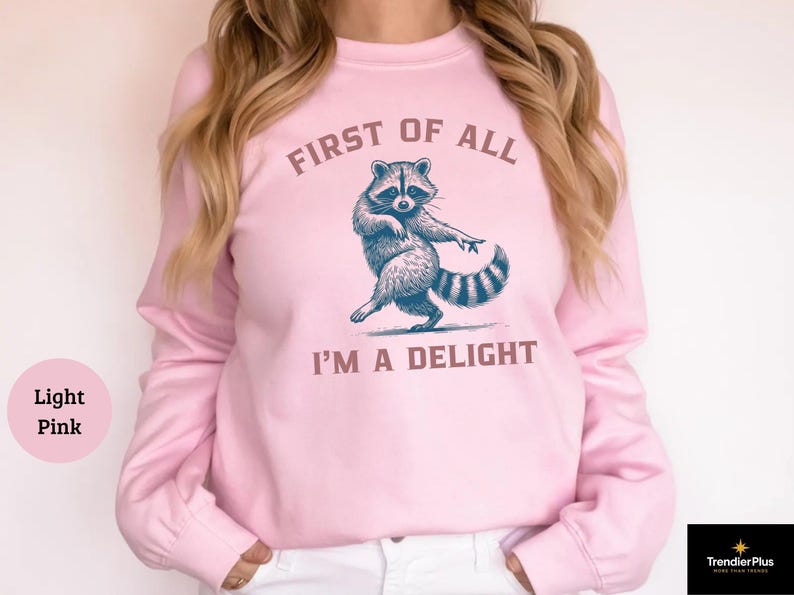A light pink sweatshirt with the text "FIRST OF ALL I'M A DELIGHT" and a dancing raccoon graphic. The raccoon is in shades of blue and gray.