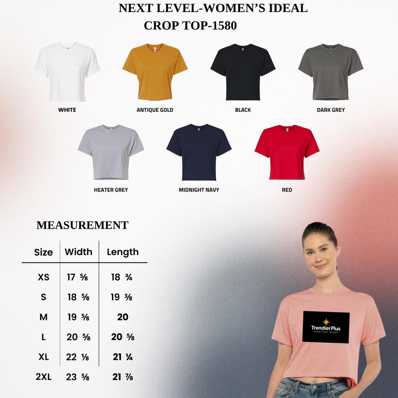 May include: A selection of crop tops in various colors, including white, antique gold, black, dark grey, heather grey, midnight navy, and red. The image also displays a size chart with measurements in inches.