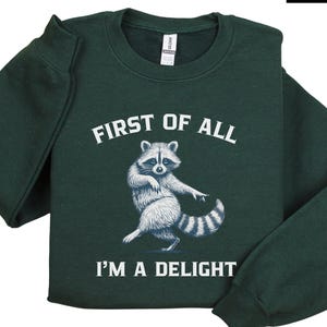 May include: Forest green sweatshirt with the text "FIRST OF ALL I'M A DELIGHT" and a raccoon graphic. The raccoon is depicted in a dancing pose. The sweatshirt is a solid color and has long sleeves.