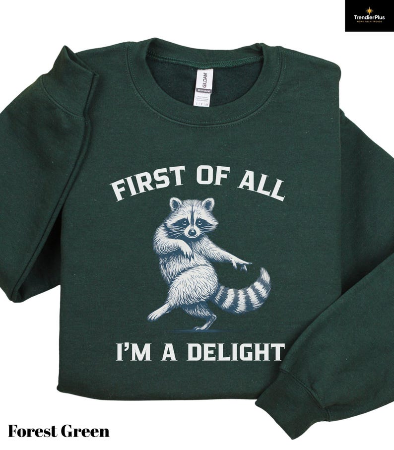 May include: Forest green sweatshirt with the text "FIRST OF ALL I'M A DELIGHT" and a raccoon graphic. The raccoon is depicted in a dancing pose. The sweatshirt is a solid color and has long sleeves.