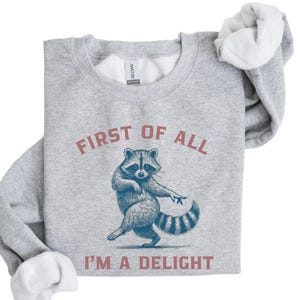 Sports Grey sweatshirt with the text "FIRST OF ALL I'M A DELIGHT" and a dancing raccoon graphic. The raccoon is in shades of blue and gray.