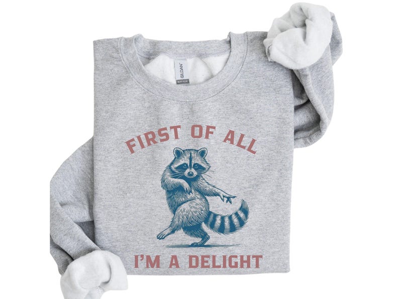 Sports Grey sweatshirt with the text "FIRST OF ALL I'M A DELIGHT" and a dancing raccoon graphic. The raccoon is in shades of blue and gray.
