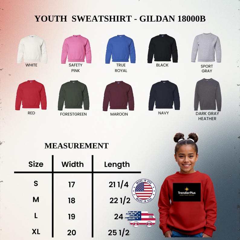 Puede incluir: Una carta de colores de sudaderas juveniles Gildan 18000B en blanco, rosa, azul real, negro, gris deportivo, rojo, verde bosque, granate, azul marino y gris oscuro jaspeado. Incluye una tabla de tallas con ancho y largo en cent&iacute;metros.