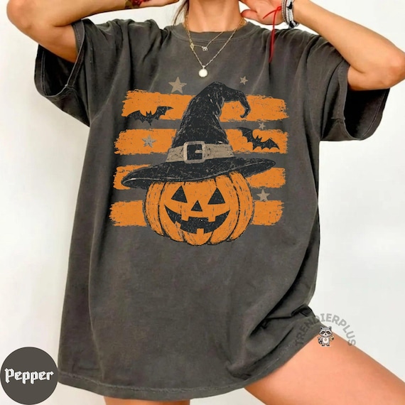 Vintage Halloween Pumpkin Witch Hat Shirt, Spooky Season Comfort Colors® Long Sleeve Tee, Fall Pumpkin Witchy Tee, Autumn Season Gift