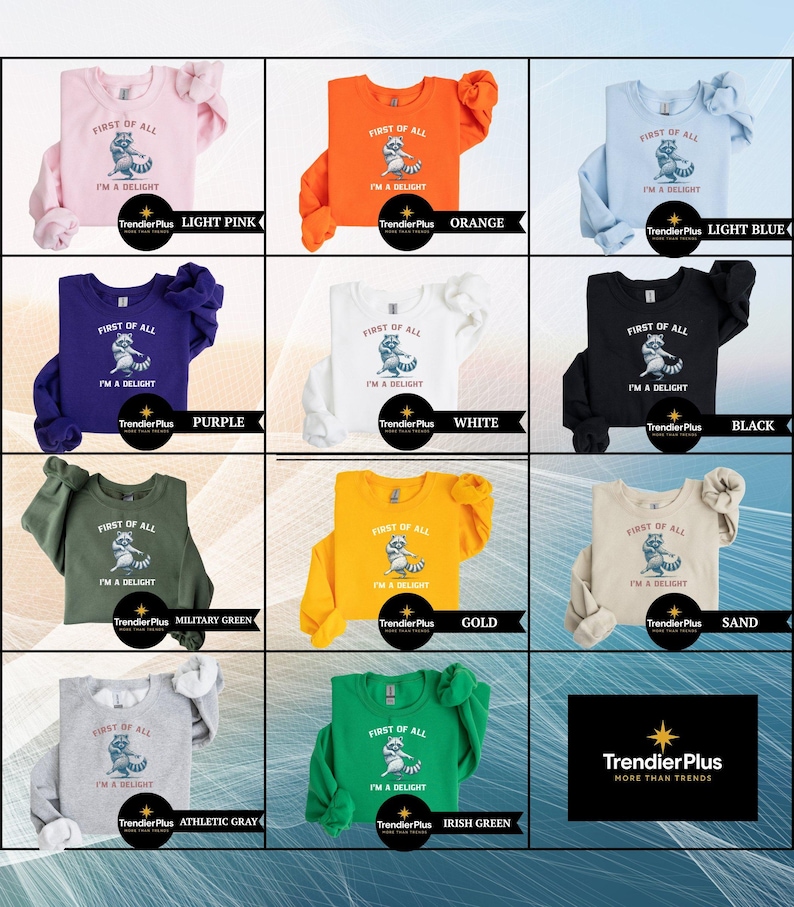 May include: A collection of sweatshirts in various colors, each featuring a raccoon graphic and the text "FIRST OF ALL I'M A DELIGHT." Colors include light pink, orange, light blue, purple, white, black, military green, gold, sand, athletic gray, and Irish green.