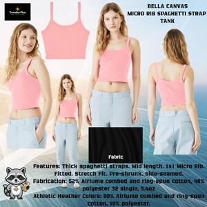 May include: A pink Bella Canvas micro rib spaghetti strap tank top featuring a scoop neckline, thick straps, and a fitted silhouette. The garment is made from a blend of 52% Airlume combed and ring-spun cotton and 48% polyester, weighing 5.40 ounces.