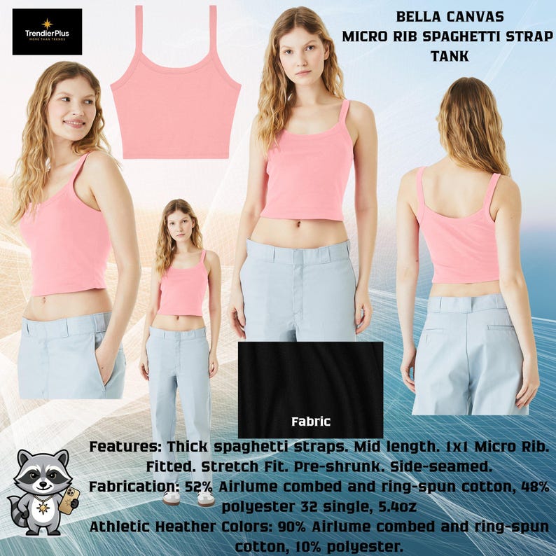 May include: A pink Bella Canvas micro rib spaghetti strap tank top featuring a scoop neckline, thick straps, and a fitted silhouette. The garment is made from a blend of 52% Airlume combed and ring-spun cotton and 48% polyester, weighing 5.40 ounces.