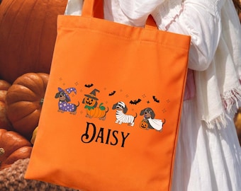 Halloween Dachshund Tote Bag: Custom Dachshund Halloween Bag Personalized Dog Name, Spooky Trick Or Treat Bag