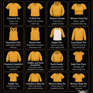 May include: A product catalog chart featuring a raccoon mascot and various mustard yellow apparel items including crewneck tees, v-neck tees, hoodies, crop tops, tank tops, raglan shirts, long sleeve tees, sweatshirts, and baby onesies with text.