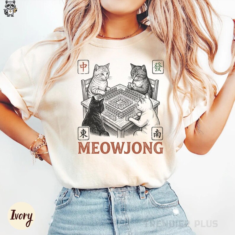 Meowjong Comfort Colors Shirt, Cats Playing Mahjong T-Shirt, Vintage Chinese Tile Game Gift, MahJong Player Present, Cat Mom Tee, Game Lover zdjęcie 15