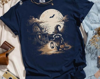 Halloween Raccoon Shirt, Comfort Colors Long Sleeve Spooky Witch Raccoon Vintage Cottagecore Tee, Mysterious Autumn Night Trash Panda TShirt