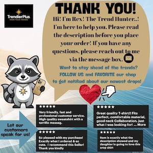 Może przedstawiać: Graficzna tablica informacyjna z postacią szopa pracza z kresk&oacute;wki o imieniu Rex, logo Trendier Plus oraz tekstem: THANK YOU! Hi! I'm Rex! The Trend Hunter..! I'm here to help you. Please read the description before you place your order! If you have any questions, please reach out to me via the message box. Want to stay ahead of the trends? FOLLOW US and FAVORITE our shop to get notified about our newest drops! Let our customers speak for us! wraz z czterema opiniami klient&oacute;w.