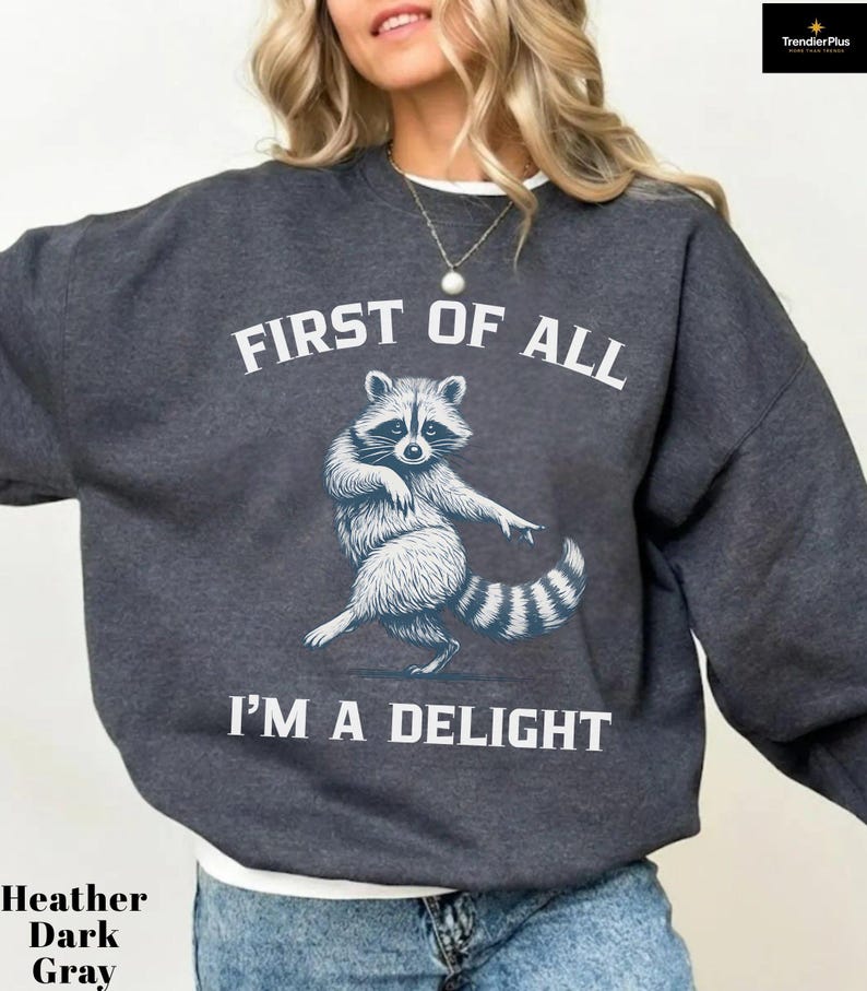 May include: Heather dark gray sweatshirt with the text "FIRST OF ALL I'M A DELIGHT" and a raccoon graphic. The raccoon is depicted in a dancing pose with its arms outstretched. The sweatshirt is a dark gray color.