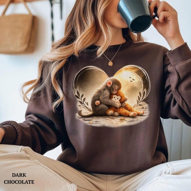 Dark chocolate-colored sweatshirt featuring a heart-shaped design with a monkey hugging a teddy bear. The design includes a background of a sunset and foliage.