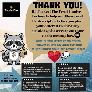 May include: A graphic featuring a cartoon raccoon named Rex, the Trendier Plus logo, and text stating: THANK YOU! Hi! I'm Rex! The Trend Hunter..! I'm here to help you. Please read the description before you place your order! Four customer reviews are included.