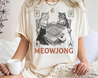 Meowjong Comfort Colors Shirt, Cats Playing Mahjong Outfit, Vintage Chinese Tile Game Gift, MahJong Player Present, Cat Mom Tee
