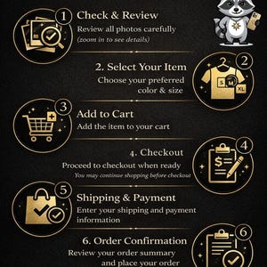 May include: A black and gold instructional graphic titled HOW TO ORDER with the TrendierPlus logo and a raccoon mascot. It lists six steps: Check & Review, Select Your Item, Add to Cart, Checkout, Shipping & Payment, and Order Confirmation.