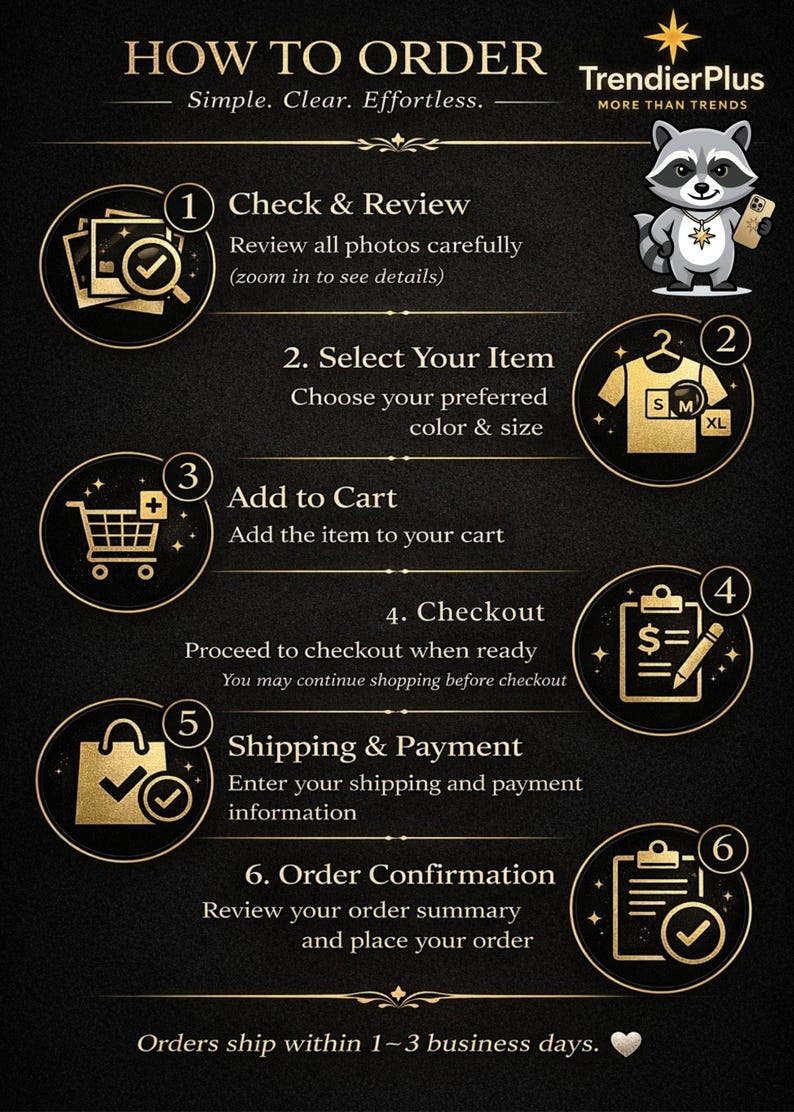 May include: A black and gold instructional graphic titled HOW TO ORDER with the TrendierPlus logo and a raccoon mascot. It lists six steps: Check & Review, Select Your Item, Add to Cart, Checkout, Shipping & Payment, and Order Confirmation.
