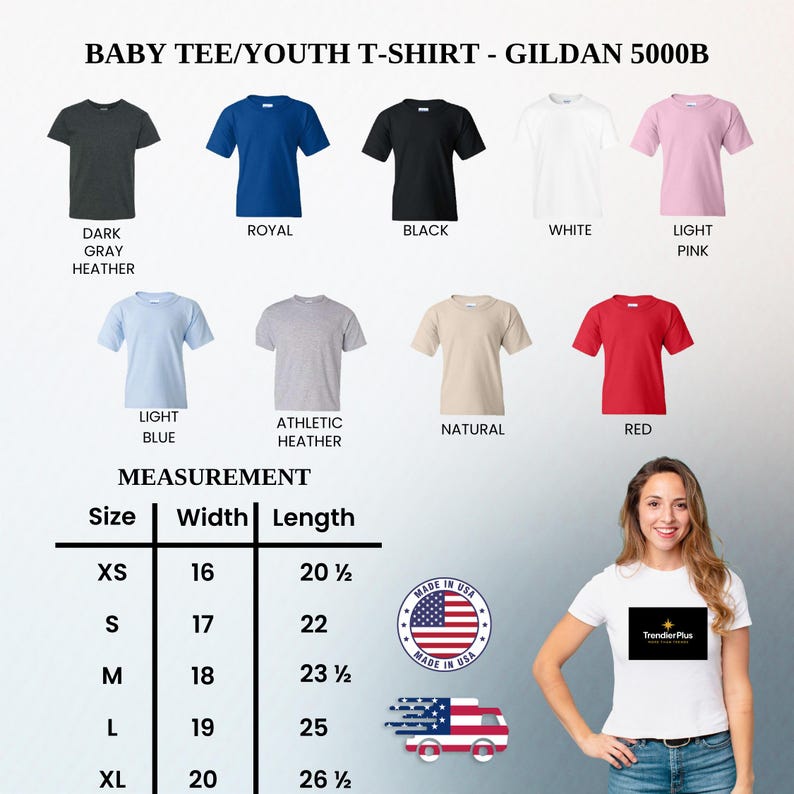 May include: A selection of Gildan 5000B baby and youth t-shirts in various colors, including dark gray, royal blue, black, white, and light pink. Measurement chart shows sizes XS to XL with widths from 16 to 20 inches and lengths from 20.5 to 26.5 inches.