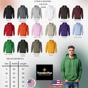 Puede incluir: Imagen de sudaderas con capucha unisex Gildan 18500 en varios colores, como negro, gris, blanco, rojo, naranja y verde. Una tabla de tallas muestra las medidas en cent&iacute;metros. Tambi&eacute;n se ve el logotipo de Trendier Plus.