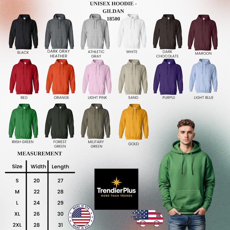 Puede incluir: Imagen de sudaderas con capucha unisex Gildan 18500 en varios colores, como negro, gris, blanco, rojo, naranja y verde. Una tabla de tallas muestra las medidas en cent&iacute;metros. Tambi&eacute;n se ve el logotipo de Trendier Plus.
