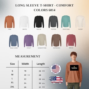 Puede incluir: Una carta de colores de camisetas de manga larga con doce opciones: yam, blanco, negro, pimienta, espuma de mar, marfil, azul jean, violeta, arenisca, espresso y ladrillo. Una tabla de medidas muestra tallas de S a 2XL con anchos de 46 a 66 cm.
