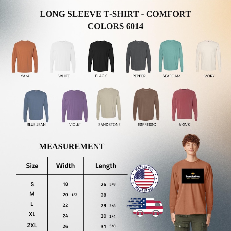 Puede incluir: Una carta de colores de camisetas de manga larga con doce opciones: yam, blanco, negro, pimienta, espuma de mar, marfil, azul jean, violeta, arenisca, espresso y ladrillo. Una tabla de medidas muestra tallas de S a 2XL con anchos de 46 a 66 cm.