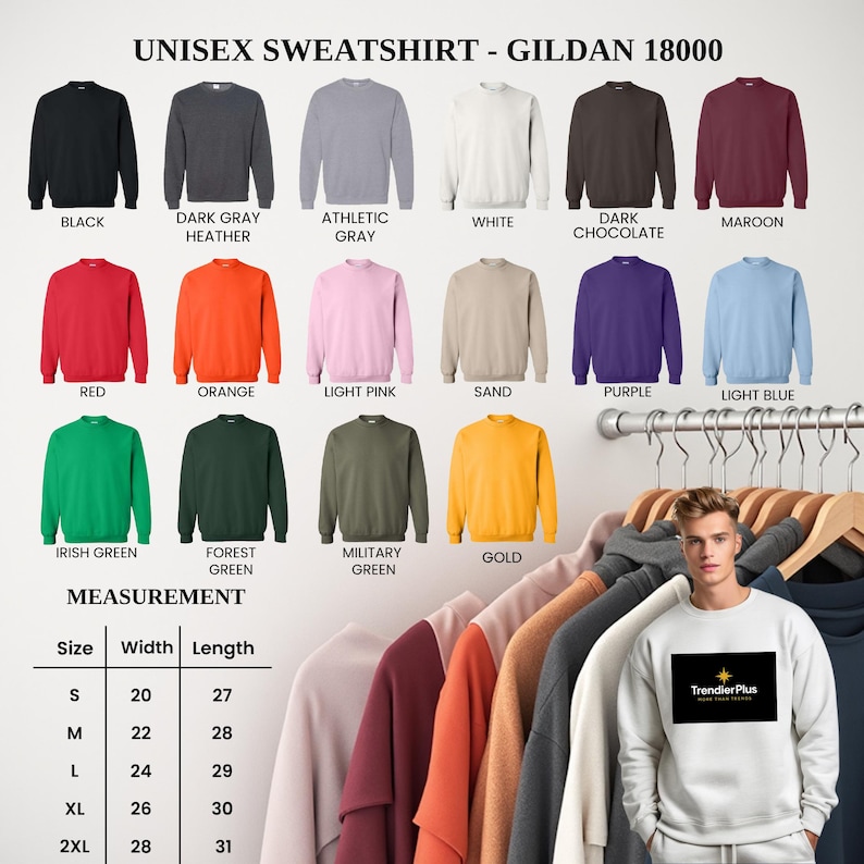 Puede incluir: Exhibici&oacute;n de sudaderas unisex Gildan 18000 en varios colores, como negro, gris, blanco, rojo, naranja y verde. La imagen tambi&eacute;n muestra una tabla de tallas con medidas en cm y una persona con una sudadera blanca con un logotipo.