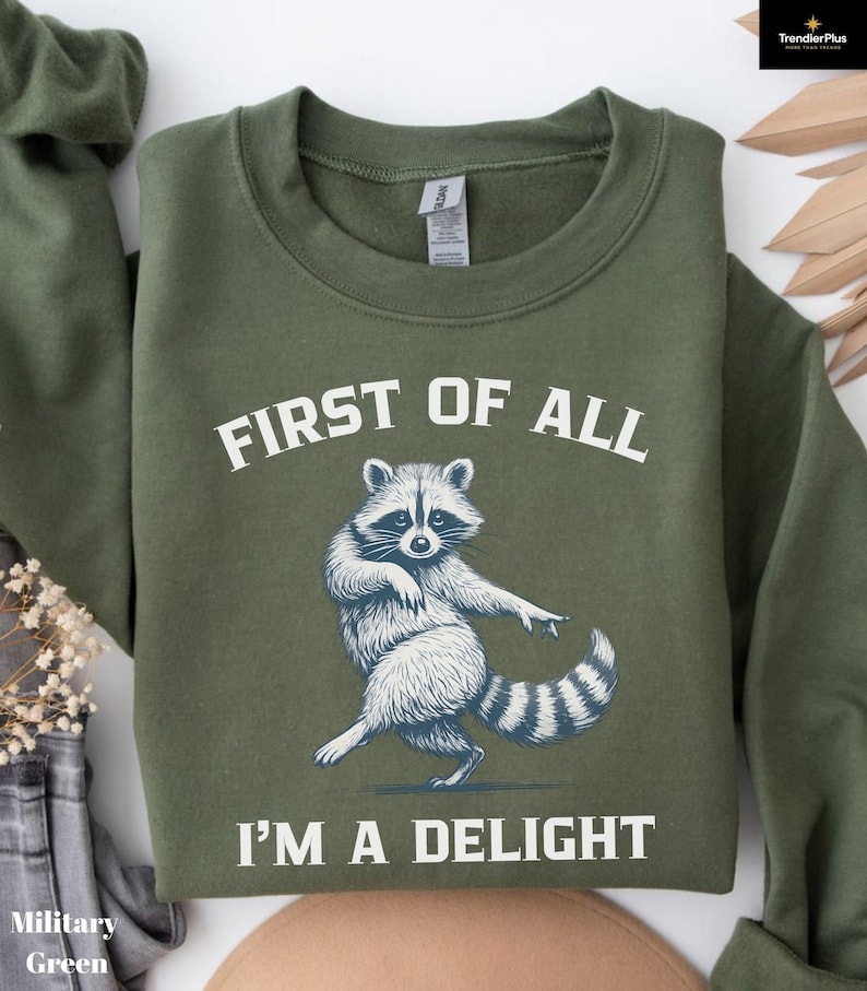 May include: Military green sweatshirt with the text "FIRST OF ALL I'M A DELIGHT" and a dancing raccoon graphic in white. The sweatshirt is folded and has a tag on the collar.