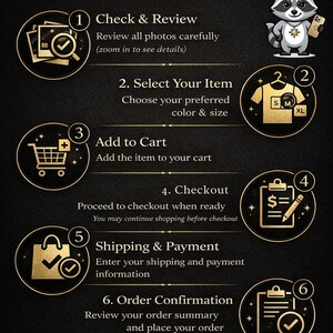 May include: An infographic with a black and gold color scheme, detailing the steps to order. The steps include checking photos, selecting an item, adding to cart, checkout, shipping, and order confirmation. A raccoon mascot is present.