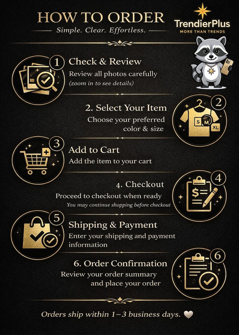 May include: An infographic with a black and gold color scheme, detailing the steps to order. The steps include checking photos, selecting an item, adding to cart, checkout, shipping, and order confirmation. A raccoon mascot is present.
