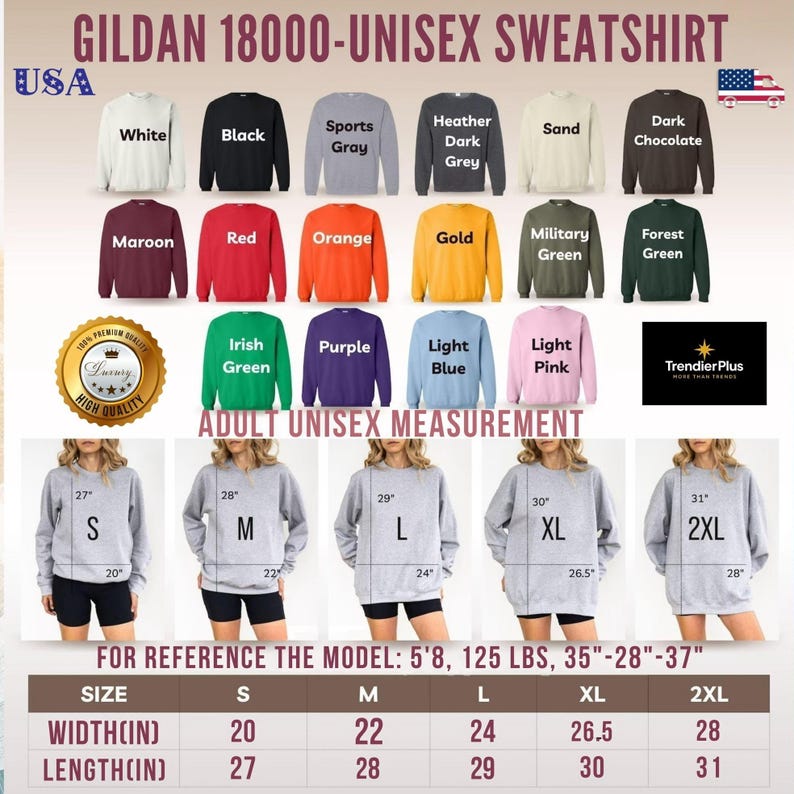Puede incluir: Sudadera unisex Gildan 18000 en varios colores, como blanco, negro y rojo. La imagen muestra medidas en pulgadas, con una referencia de modelo de 173 cm, 56.7 kg, y medidas de 89-71-94 cm.