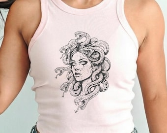 Snake Hair Goddess Tank Top: Girls Will Be Girls Shirt, Retro Snake Hair Bella Canvas Micro Rib Racer Tank, Greek Mythology Gorgon Crop Top