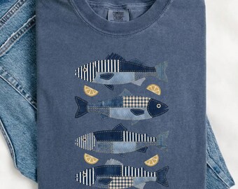 Faux Design Fish Blue Denim Faux Patchwork T-shirt - Sea Life Nautical Quiltcore Folk Tee - Comfort Colors - Lake Lovers Gift - Fishing Gift