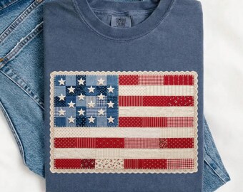 Comfort Colors® 4th of July Shirt, Retro American Flag Shirt, Patchwork USA Shirt, Faux USA Flag Shirt Patriotic Shirt, Fourth of July Shirt