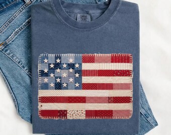 Comfort Colors® 4th of July Shirt, Retro American Flag Shirt, Patchwork USA Shirt, Faux USA Flag Shirt Patriotic Shirt, Fourth of July Shirt