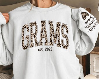 Custom Leopard Grams Sweatshirt With Kid Name On Sleeve, Personalized Gram Sweatshirt, Gift For Grams, Mothers Day Gift, Gift For Mama