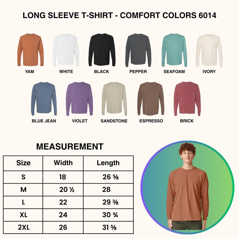 May include: A display of long-sleeve t-shirts in various colors, including Yam, White, Black, Pepper, Seafoam, and Ivory. The image also includes a size chart with measurements in inches for width and length, ranging from size S to 2XL.