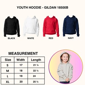 May include: Youth hoodies in black, white, red, and navy. The image includes a measurement chart with sizes S, M, L, and XL, detailing width and length in inches. The text "YOUTH HOODIE - GILDAN 18500B" is at the top.