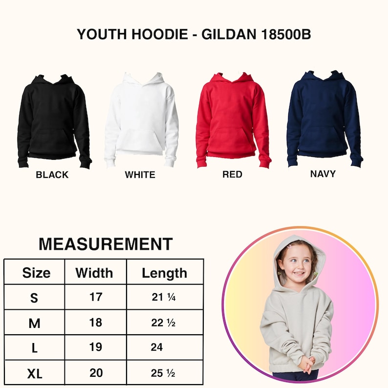 May include: Youth hoodies in black, white, red, and navy. The image includes a measurement chart with sizes S, M, L, and XL, detailing width and length in inches. The text "YOUTH HOODIE - GILDAN 18500B" is at the top.