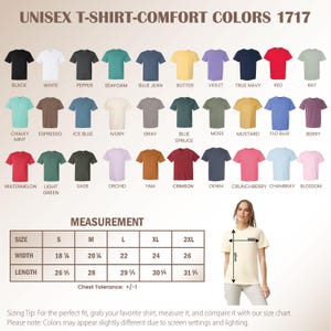 May include: A product image showcasing a variety of unisex t-shirts in various colors, including black, white, and red. The image also features a size chart with measurements in inches, and a model demonstrating how to measure the shirt.