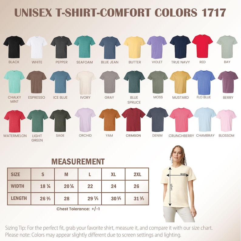 May include: A product image showcasing a variety of unisex t-shirts in various colors, including black, white, and red. The image also features a size chart with measurements in inches, and a model demonstrating how to measure the shirt.