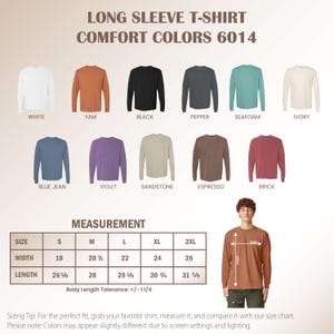 May include: A product image showcasing a variety of long-sleeve t-shirts in various colors, including white, yam, black, and blue jean. The image also includes a size chart with measurements in inches for width and length, ranging from size S to 2XL.